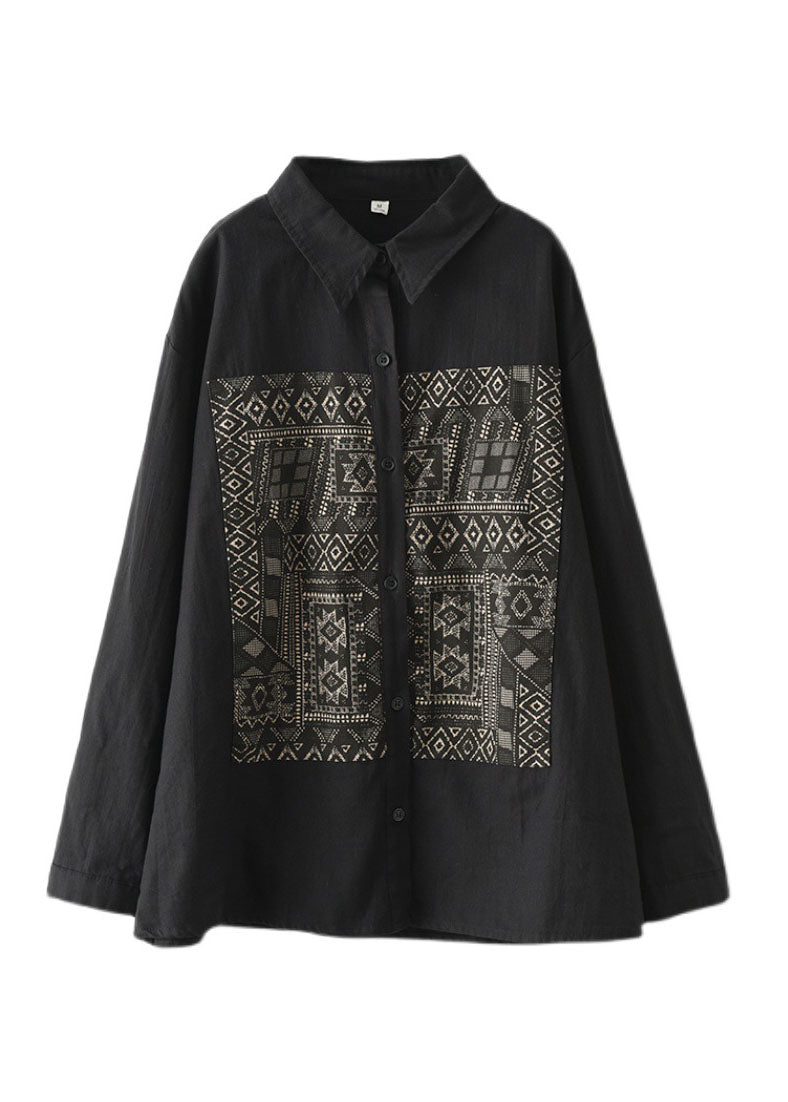Black Peter Pan Collar Print Cotton Shirt Tops Long Sleeve
