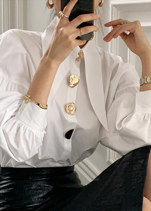 French White Peter Pan Collar Button Cotton Shirt Top Lantern Sleeve