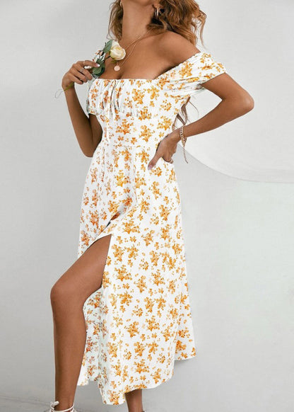 French Blue Square Collar Print Side Open Cotton Maxi Dresses Summer