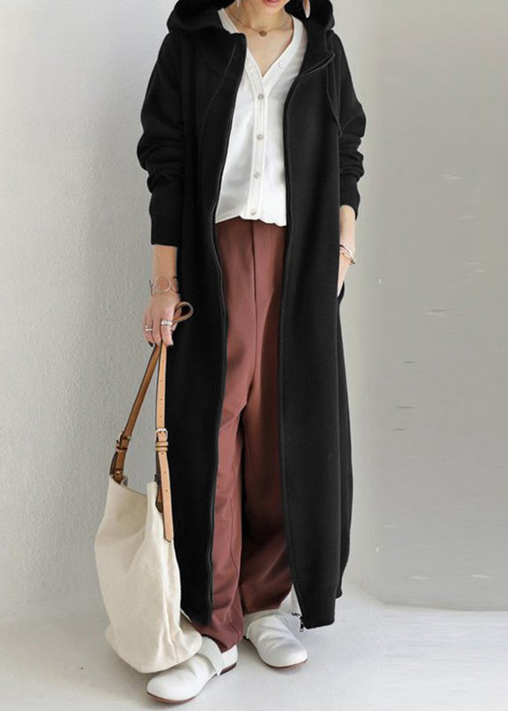 Brown Zippered Pockets Warm Fleece Long Coat Hooded