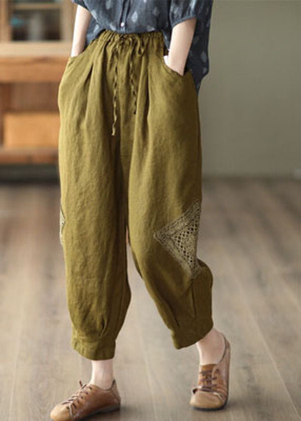 Khaki Lace Patchwork Linen Crop Pants Elastic Waist Fall