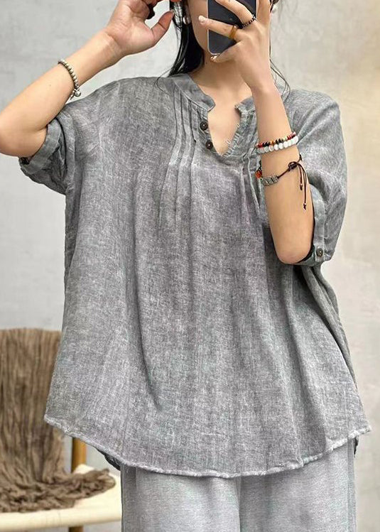 Grey Button Cotton Shirts Stand Collar Half Sleeve