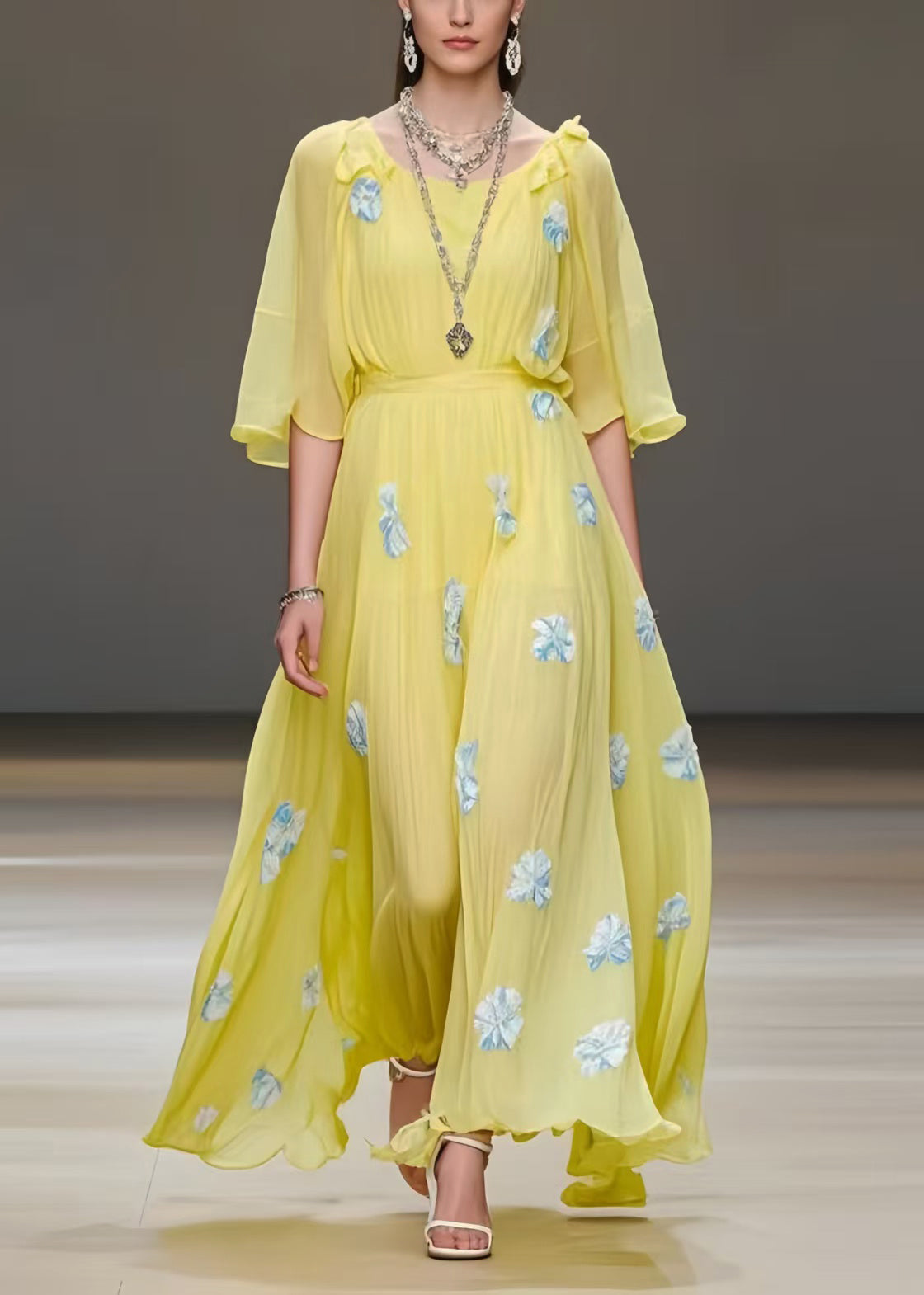 Yellow Print Chiffon Vacation Dress Exra Large Hem Summer