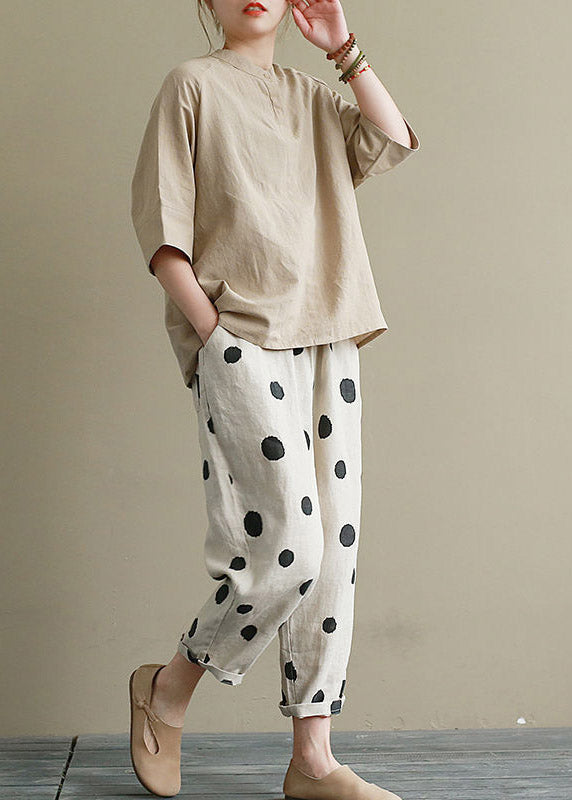 Khaki Top and Crop Pants Two Pieces Set Summer