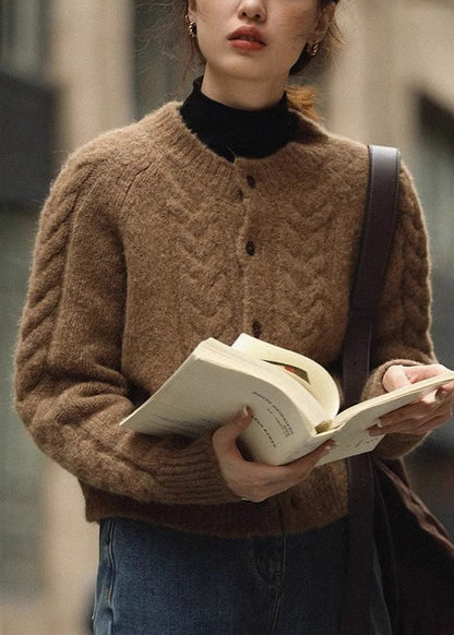Brown Button Patchwork Warm Knit Coats Fall