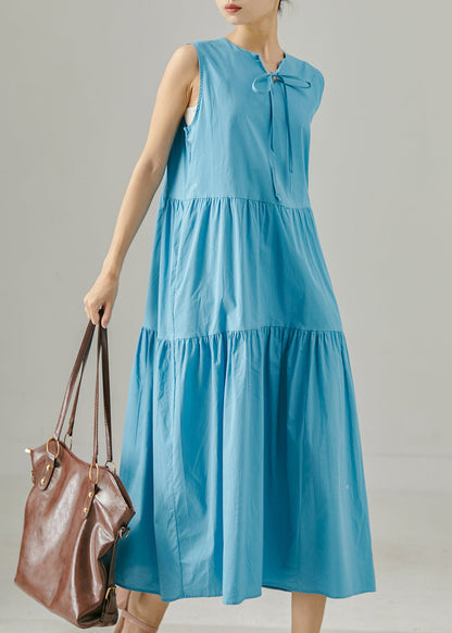Sea Blue Lace Up Patchwork Cotton Dress Sleeveless