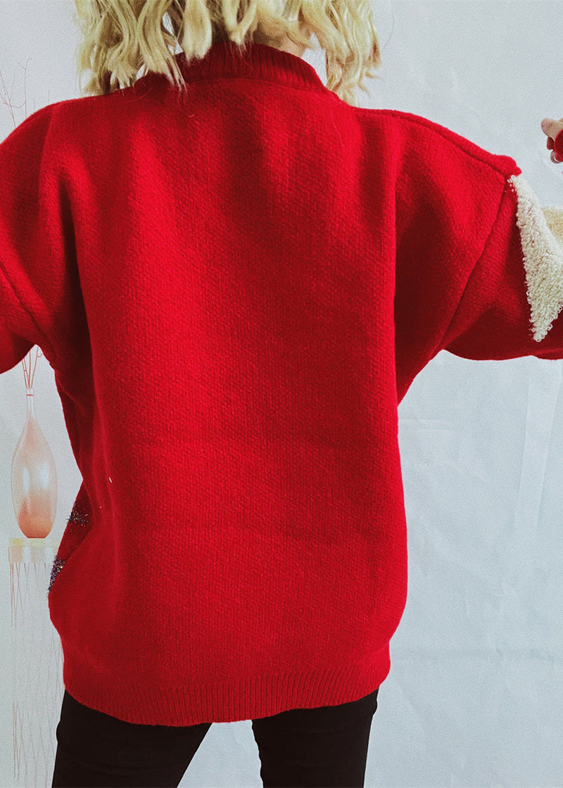 Stylish Red Christmas Tree Jacquard Sequins Thick Knit Sweaters Winter