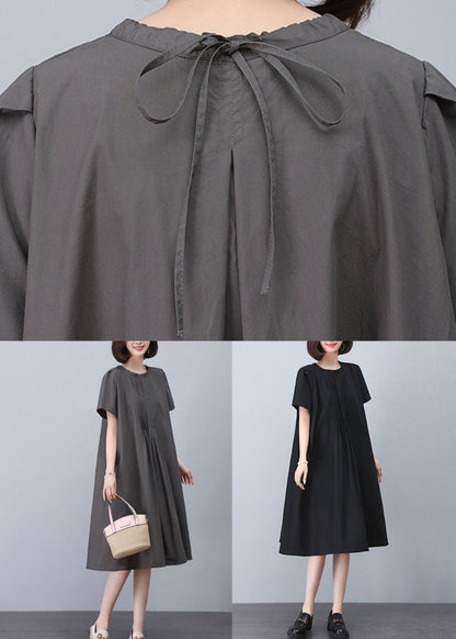 Grey O-neck Cotton Dresses Summer