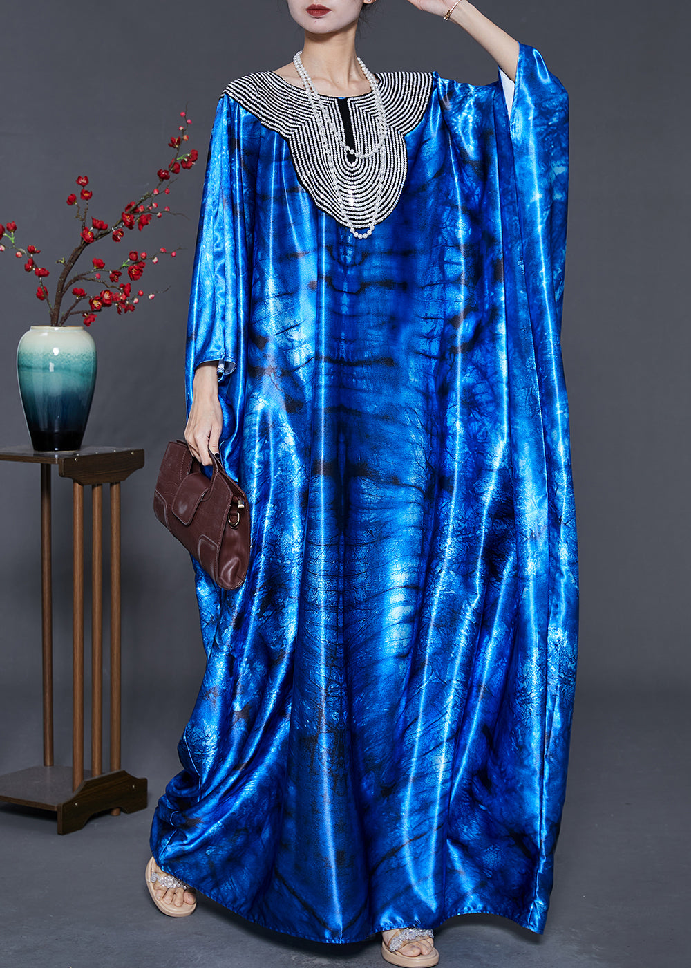 Blue Sequins Tie Dye Silk Holiday Dress Summer