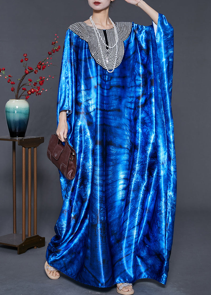 Blue Sequins Tie Dye Silk Holiday Dress Summer