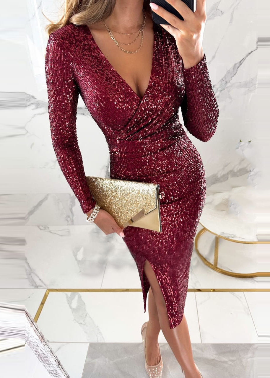 European and American Style Silver V Neck Side Open Sequins Dress Spring