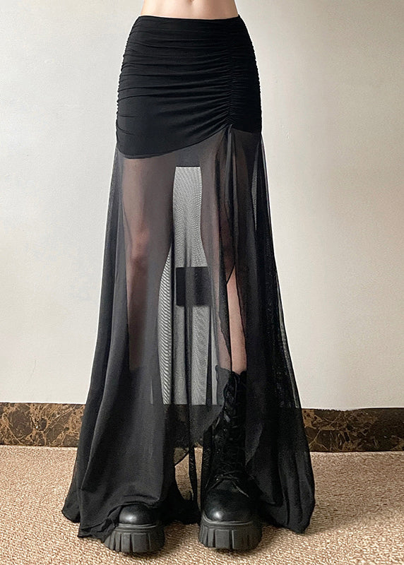 Black Cinched Side Open Tulle Skirts Summer