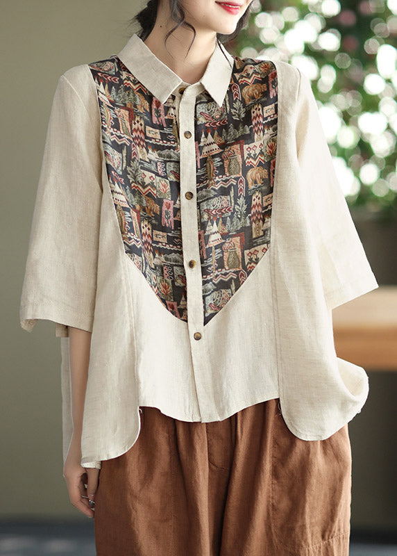 Apricot Peter Pan Collar Button Asymmetrical Design Print Linen Shirts Half Sleeve