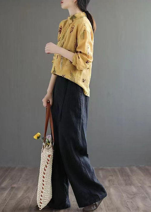 Yellow Wrinkled Embroidered Patchwork Linen Shirt Tops Spring