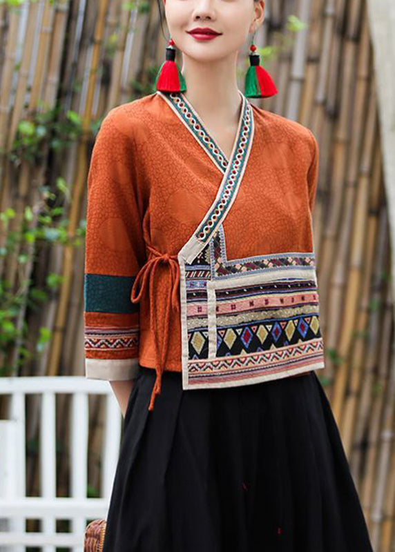 Earthy Yellow V Neck Print Shirts Long Sleeve