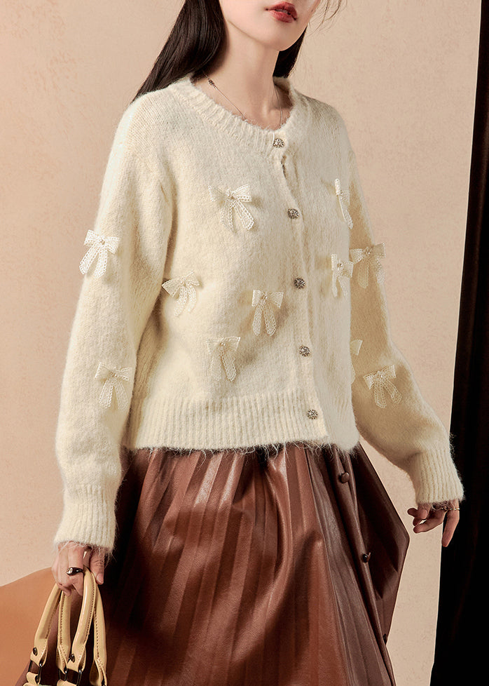 White Button Bow Patchwork Cotton Knit Sweaters Winter