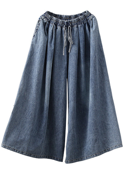 Drawstring Blue Denim Wide Leg Pants Jeans