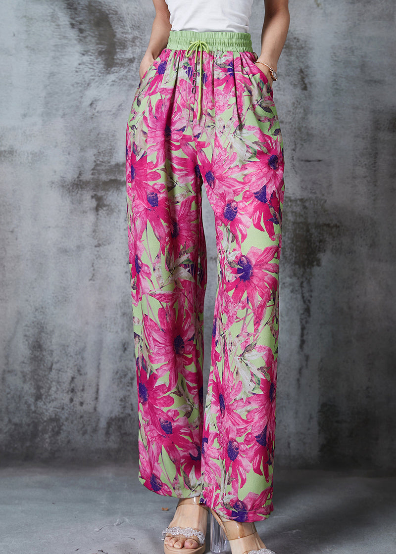 Rose Elastic Waist Leaf Print Chiffon Pants Summer
