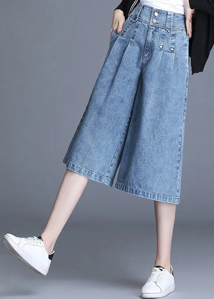 Simple Denim Blue High Waist Wide Leg Crop Pants Trousers Summer