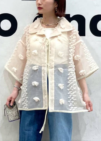 French Beige Oversized Jacquard Sheer Shirt Top Summer