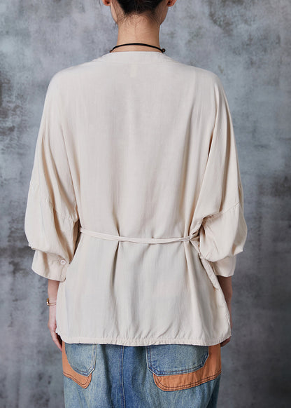 Beige Asymmetrical Tie Waist Cotton Blouse Tops Spring