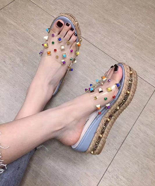 Blue Zircon High Wedge Heels Peep Toe Slide Sandals