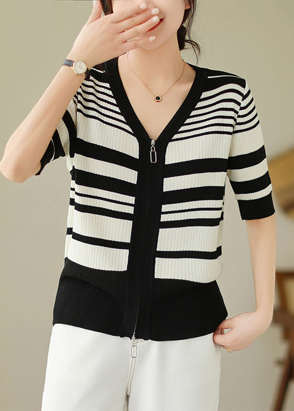 Black White Striped Zippered Knit Cardigan Spring
