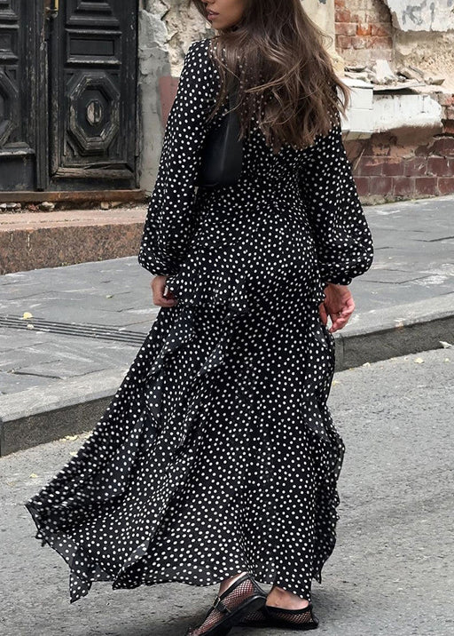 Black V Neck Ruffled Print Chiffon Dress Fall