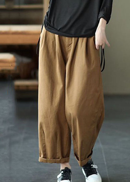 Dark Khaki Pockets Patchwork Cotton Pants Summer