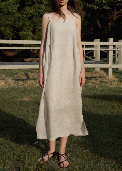 French White Backless Linen Spaghetti Strap Dresses Sleeveless