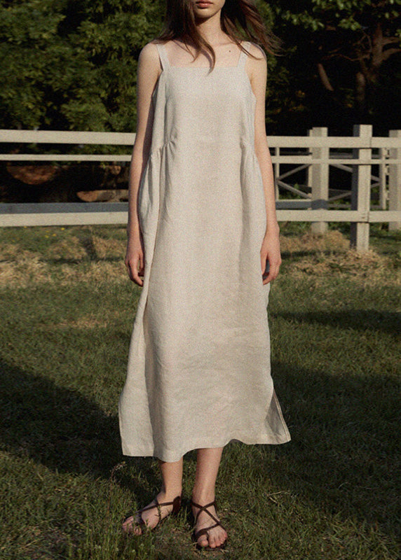 French White Backless Linen Spaghetti Strap Dresses Sleeveless