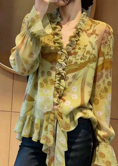 Green Ruffled Print Chiffon Blouse Top Spring