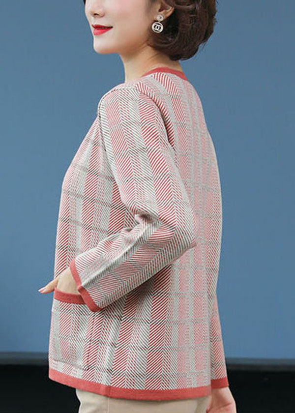 Red O-neck Pockets Plaid Knit Coat Long Sleeve