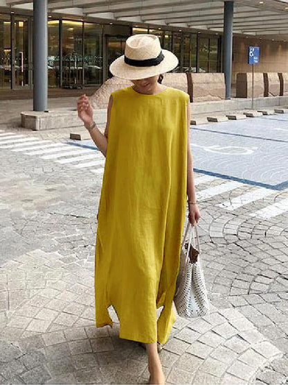 O Neck Side Open Linen Cotton Clothes Fabrics Khaki Dress
