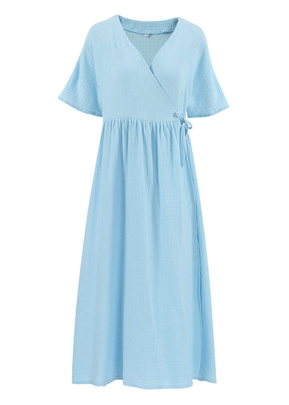 Handmade Cozy Blue V Neck Lace Up Patchwork Cotton Dress Summer