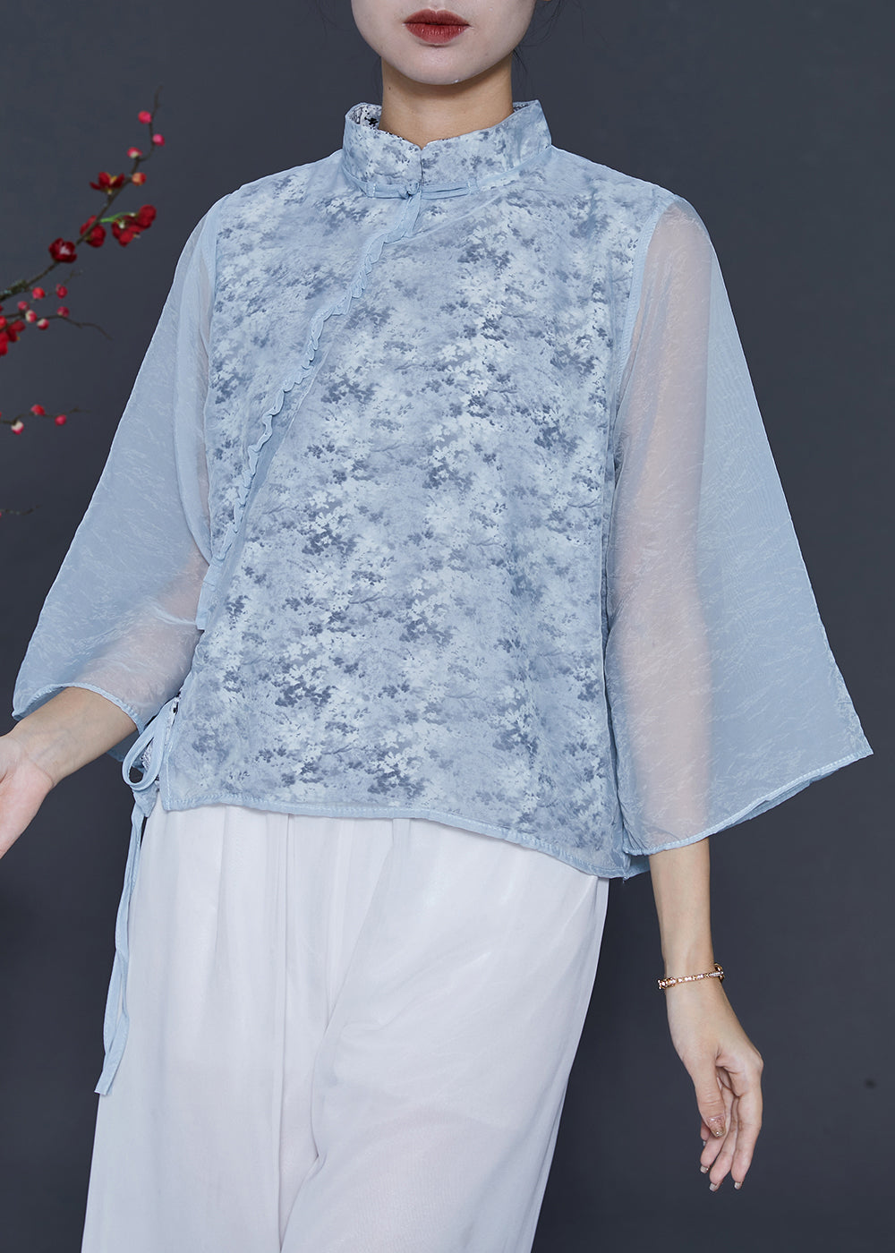 Sky Blue Mandarin Collar Print Chiffon Shirt Top Spring