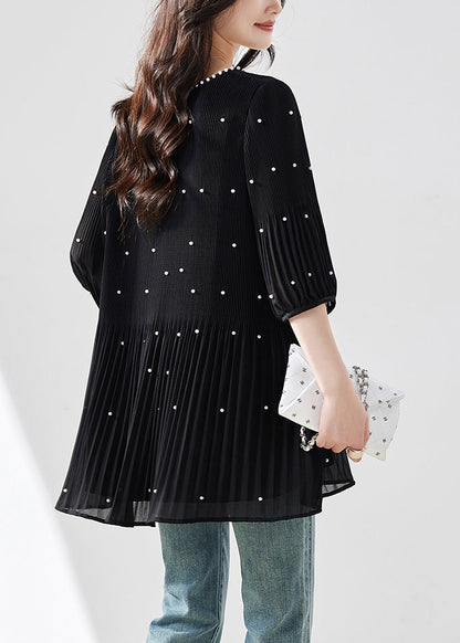 Loose Black O-neck Nail Bead Chiffon T Shirt Summer