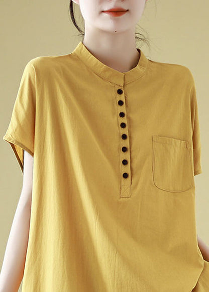 Simple Yellow Button Pockets Cotton T Shirt Short Sleeve
