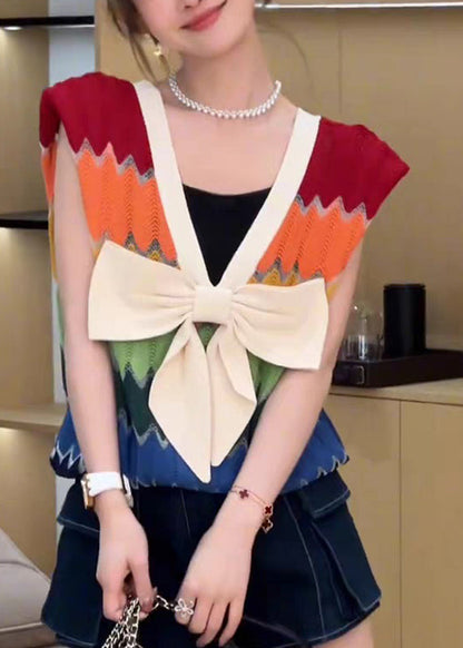 Rainbow Striped V Neck Bow Patchwork Knit Top Summer