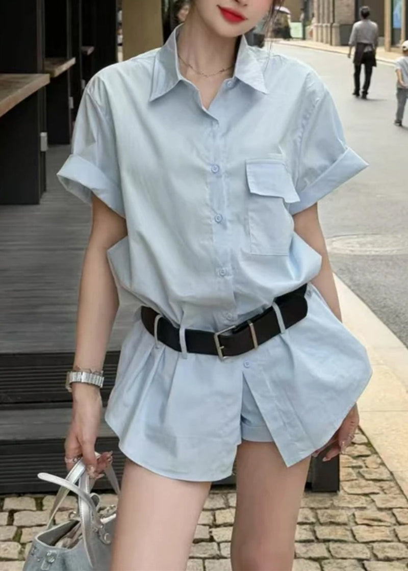 New Blue Button Shirts and Shorts Cotton Two Piece Set Summer