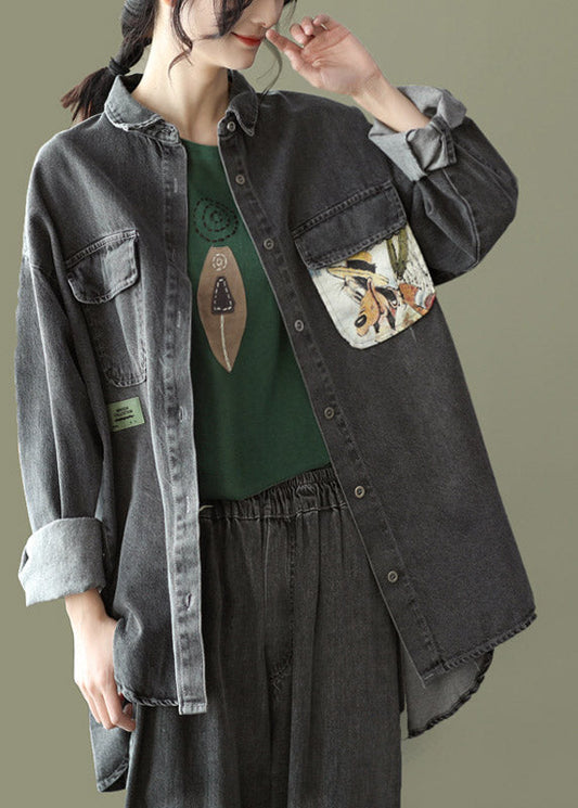 Black Peter Pan Collar Print Cotton Denim Shirt Long Sleeve