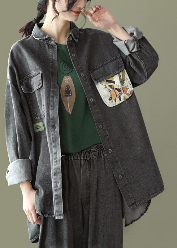 Black Peter Pan Collar Print Cotton Denim Shirt Long Sleeve