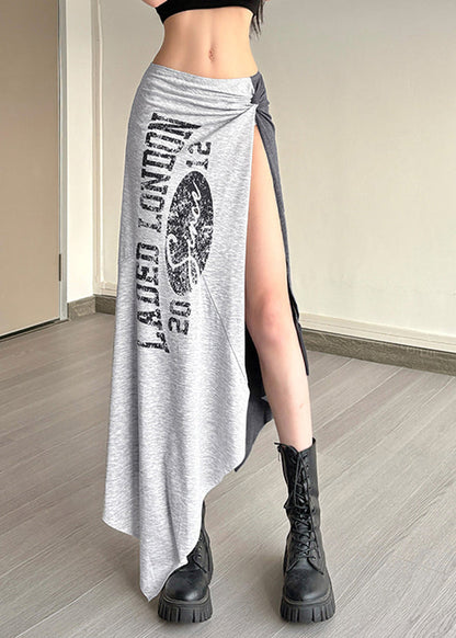 Grey Asymmetrical Graphic Wrinkled Tassel Maxi Skirts Summer