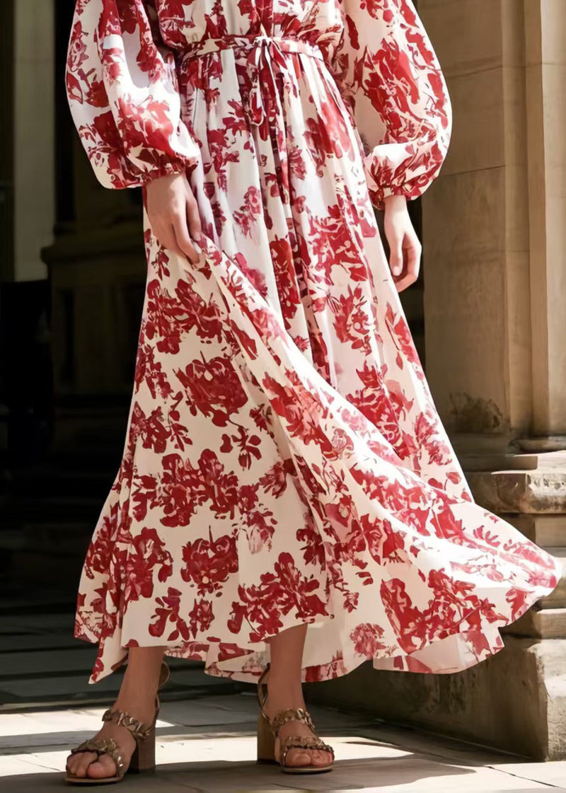 Red Print Tie Waist Chiffon Robe Dresses Spring