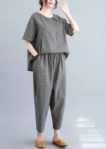 Black Plaid Wrinkled Patchwork T Shirt and Crop Pants Two Piece Set Short Sleeve
