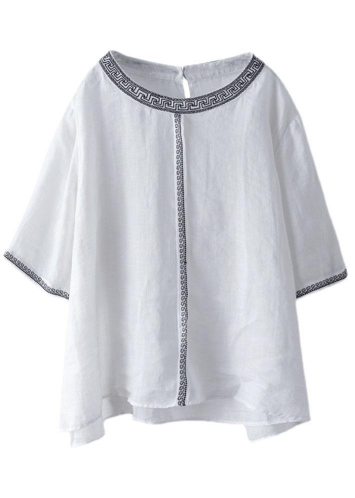 Natural Black O-neck Embroidered Summer Ramie Blouses Half Sleeve