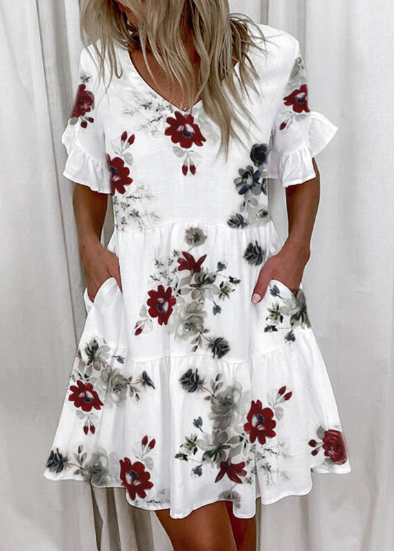 New V Neck Ruffled Butterfly Print Cotton Dress Summer