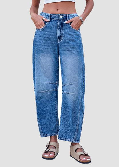 Simple Blue Pockets High Waist Denim Crop Pants Summer