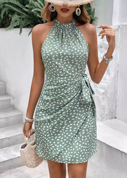Natural Black Print Lace Up Cotton Mid Dress Sleeveless