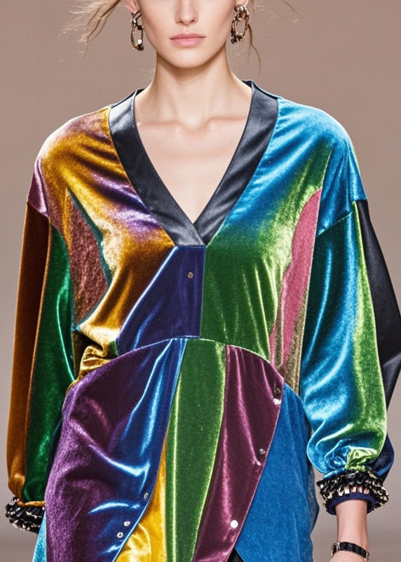Diy Multicolour Asymmetrical Patchwork Silk Velour Shirt Tops Fall